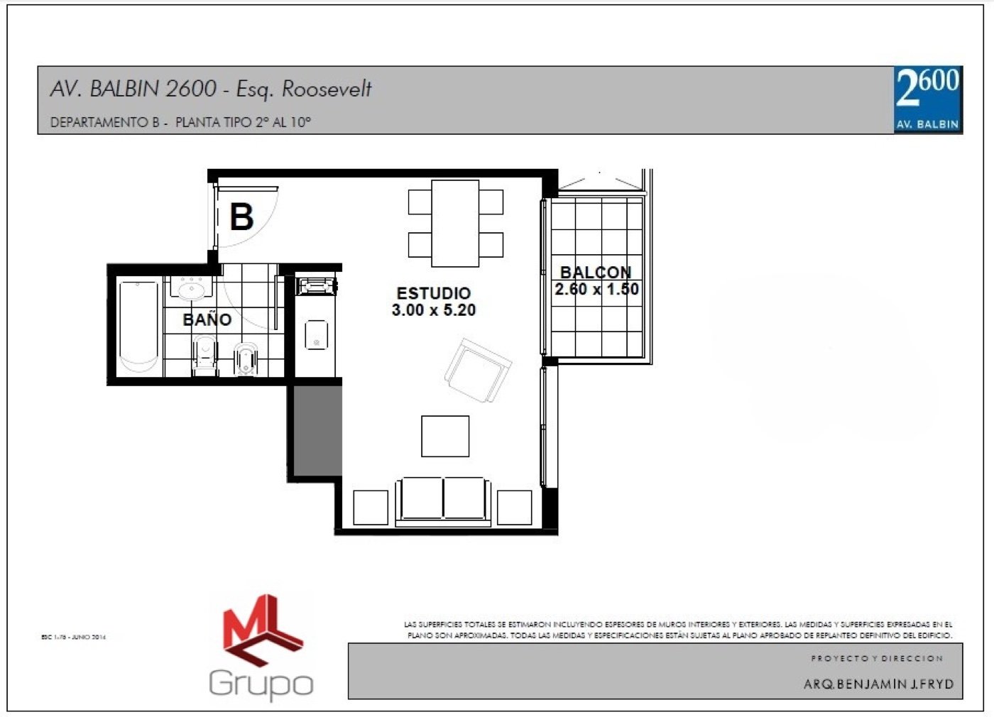 Plano Departamento B — Estudio 3.00×5.20 con balcón