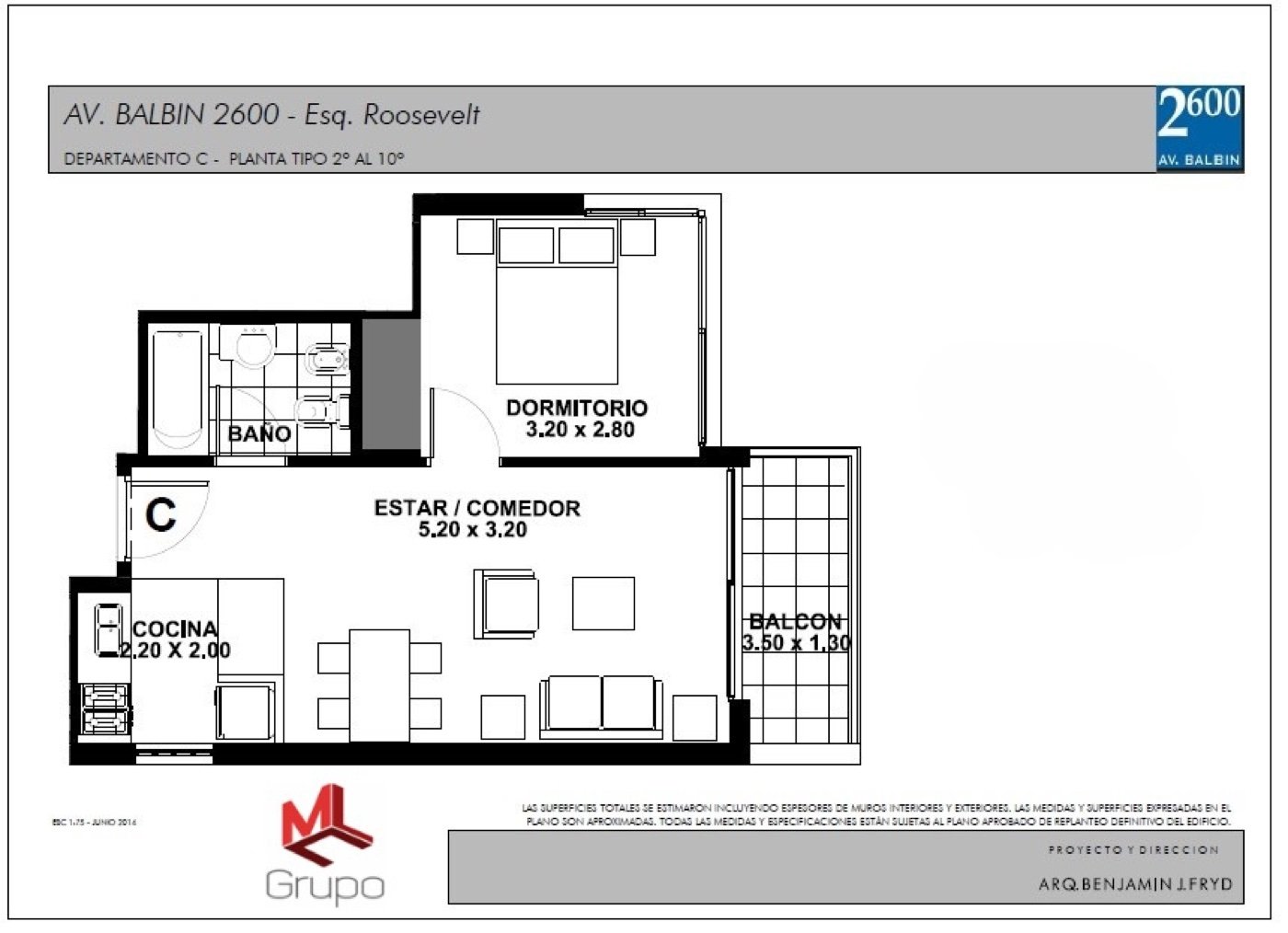 Plano Departamento C — 2 ambientes con dormitorio y balcón
